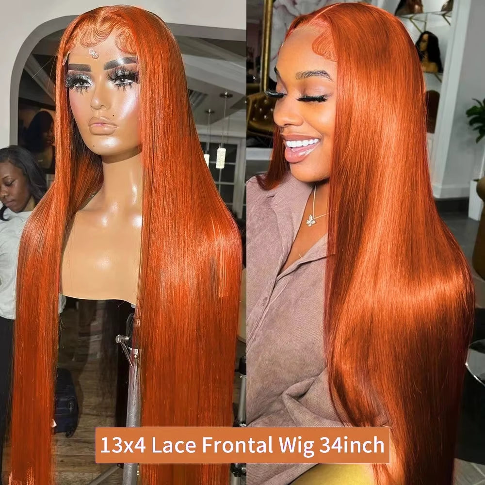 Luxurious 30-40 Inch Orange Ginger 13X6 HD Lace Frontal Wig - Premium Human Hair, Bone Straight, 150 Density