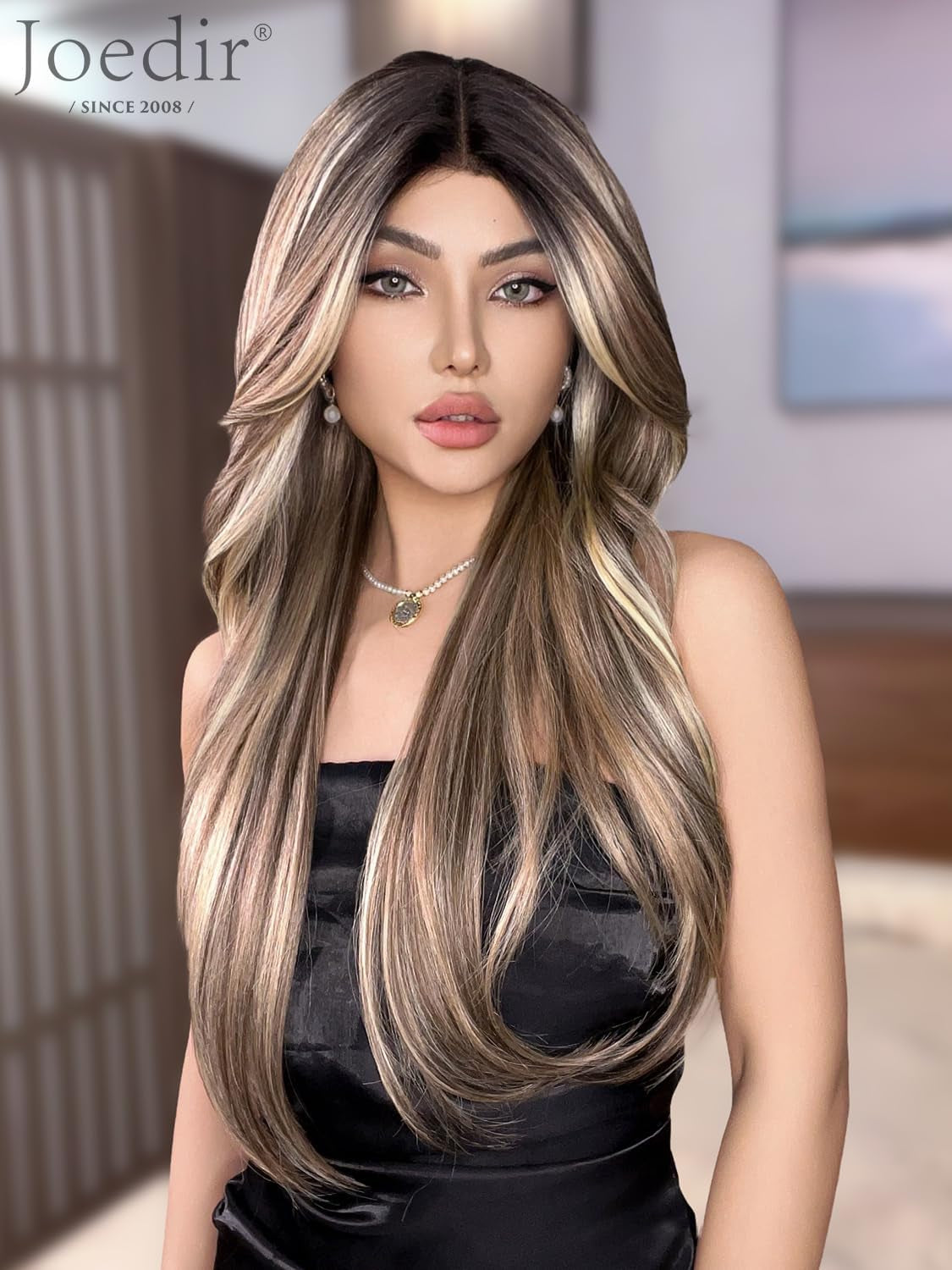 Long Layered Wig with Curtain Bangs Deep Part Lace Front Wigs for Women 26 Inch Middle Part Highlights Wig Heat Resistant Synthetic Wigs for Daily Party Use