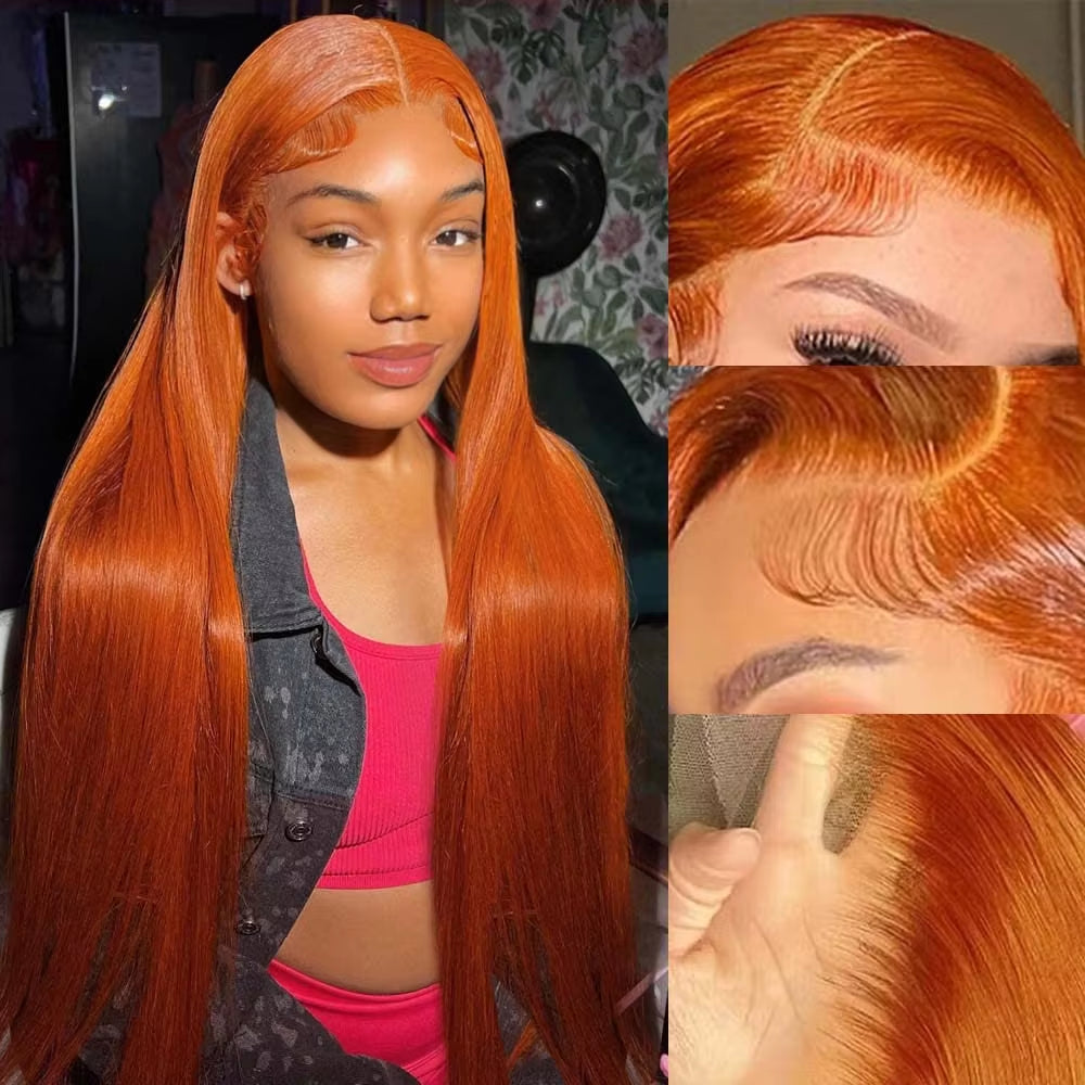 Luxurious 30-40 Inch Orange Ginger 13X6 HD Lace Frontal Wig - Premium Human Hair, Bone Straight, 150 Density