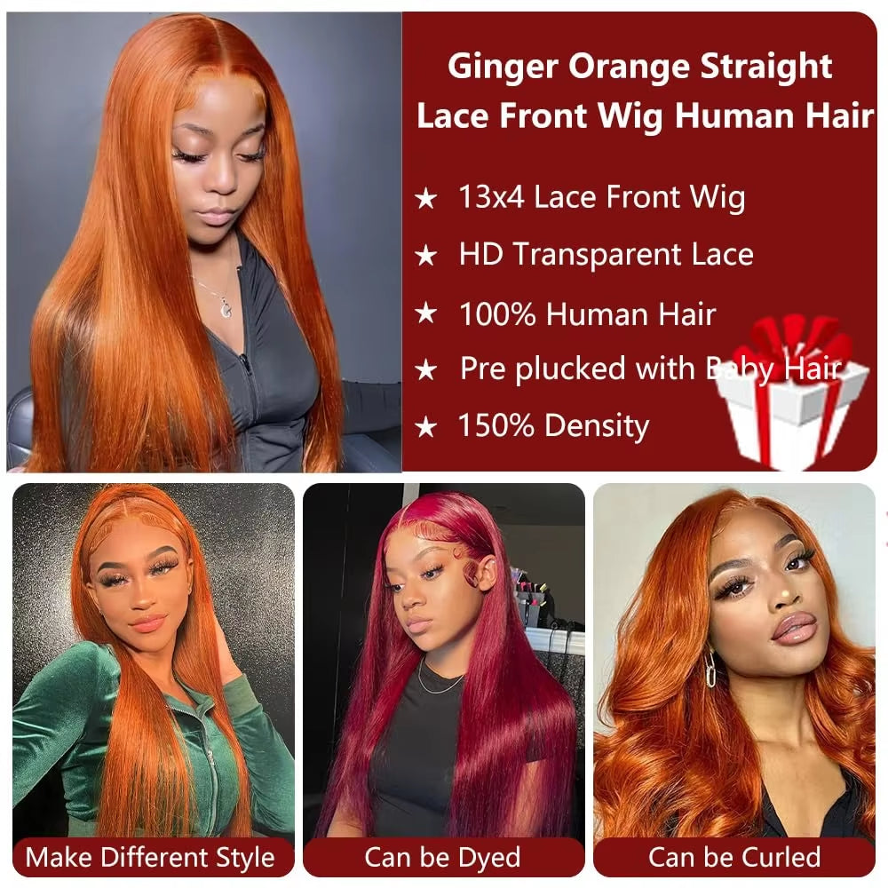 Luxurious 30-40 Inch Orange Ginger 13X6 HD Lace Frontal Wig - Premium Human Hair, Bone Straight, 150 Density