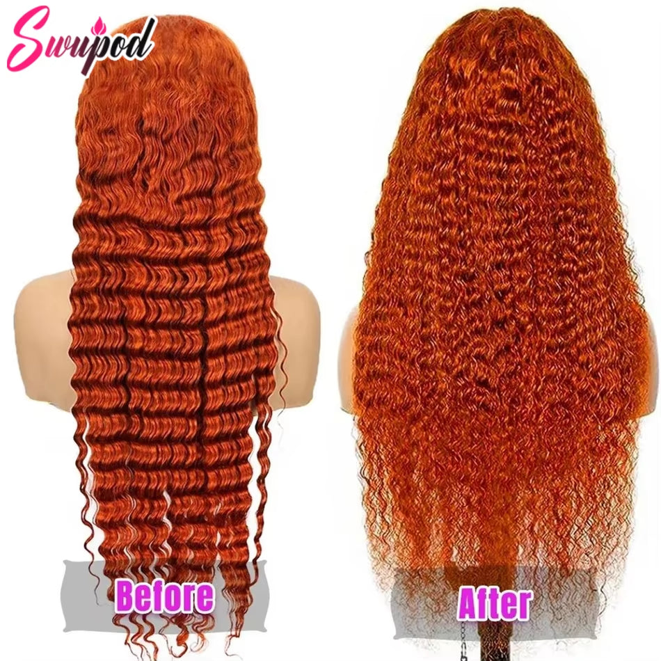 Luxurious 13X4 & 13X6 220% Density HD Lace Front Wig - Stunning Deep Wave Remy Human Hair in Ginger Orange 350# Loose Curly Style