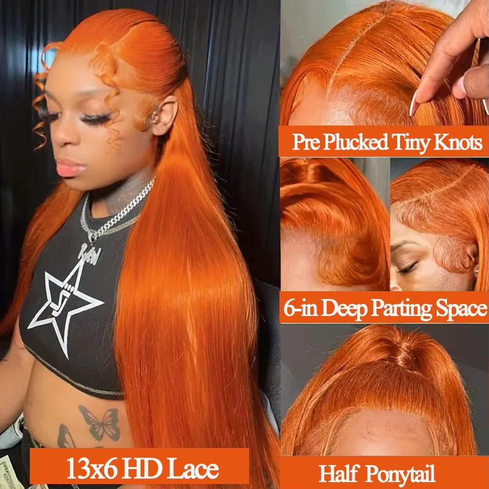 Luxurious 30-40 Inch Orange Ginger 13X6 HD Lace Frontal Wig - Premium Human Hair, Bone Straight, 150 Density