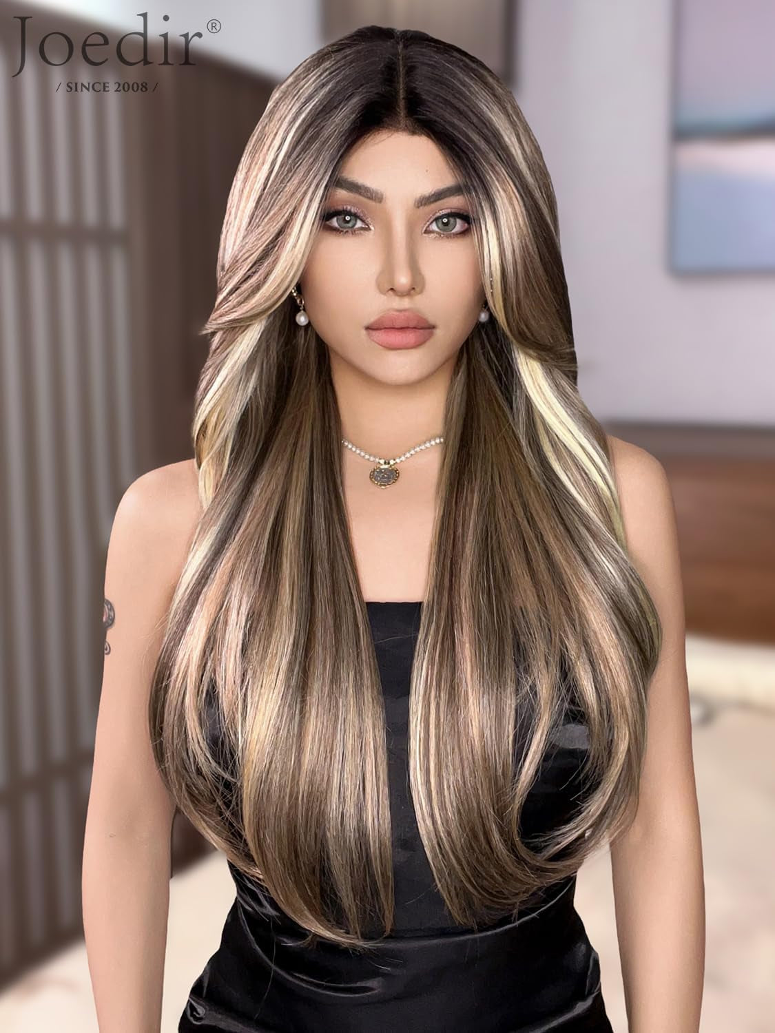 Long Layered Wig with Curtain Bangs Deep Part Lace Front Wigs for Women 26 Inch Middle Part Highlights Wig Heat Resistant Synthetic Wigs for Daily Party Use
