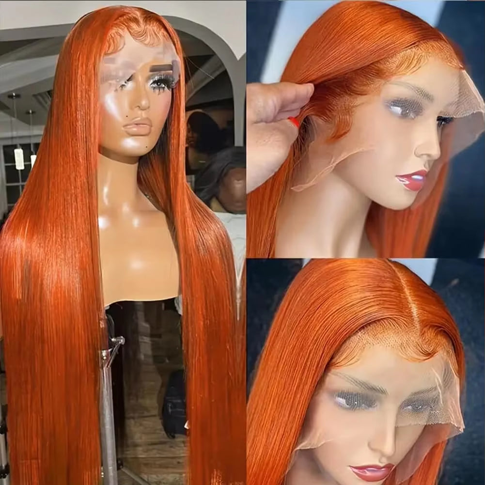 Luxurious 30-40 Inch Orange Ginger 13X6 HD Lace Frontal Wig - Premium Human Hair, Bone Straight, 150 Density