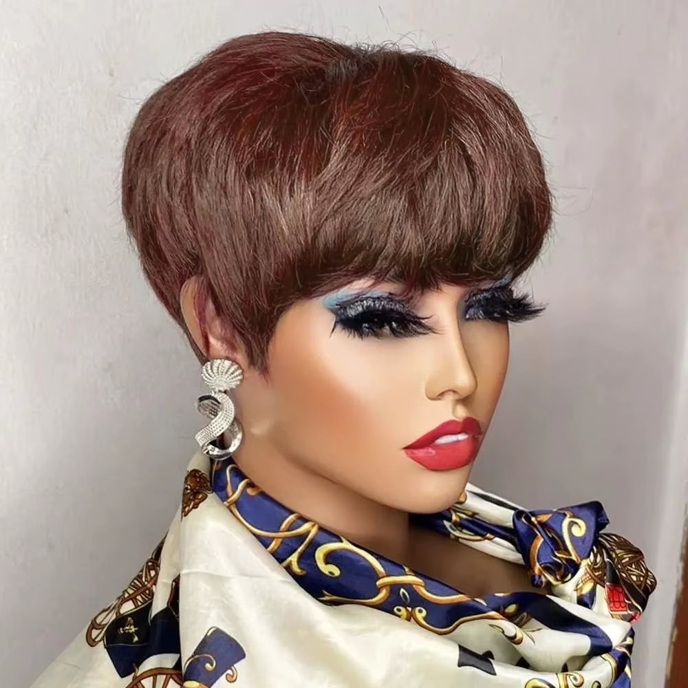 Brown Short Pixie Cut Wig Human Hair for Black Women Machine Made Wigs with Bangs Colored Brazilian Wig Human Hair Wigs