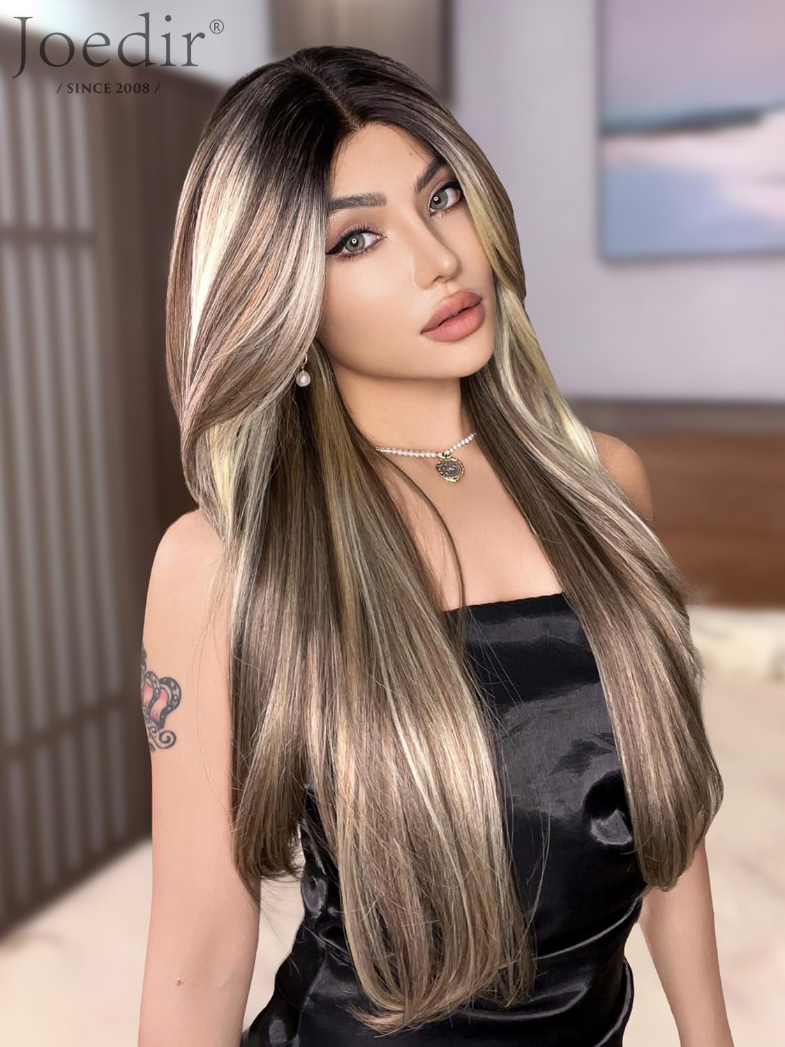 Long Layered Wig with Curtain Bangs Deep Part Lace Front Wigs for Women 26 Inch Middle Part Highlights Wig Heat Resistant Synthetic Wigs for Daily Party Use
